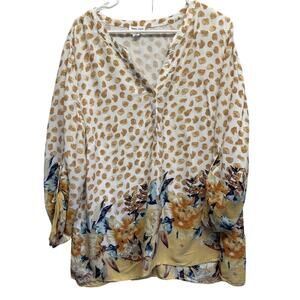 Tribal Jeans Tunic Top Women 1X 3/4 Roll Tab Sleeve Split V Neck Lightweight